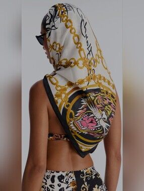 Ed Hardy White, Gold, Black, Chain & Tiger Print Silk Scarf